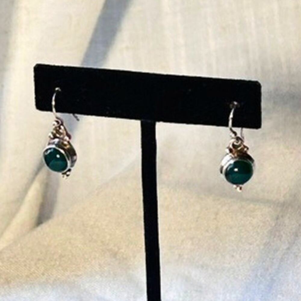 Sterling Silver Green Onyx Drop Earrings Cabochon 925 - Picture 8 of 11